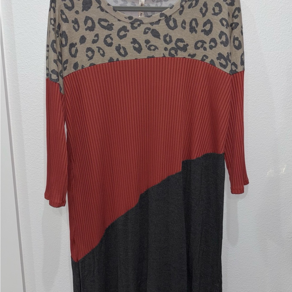 Elegant Long Sleeve Leopard and Color Block Dress